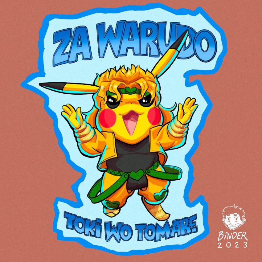 2023 :3 bernhard_binder blonde_hair blush_stickers brown_background color_connection commentary cosplay dio_brando dio_brando_(cosplay) english_commentary evil_smile full_body gen_1_pokemon green_headband headband heart jacket jojo_no_kimyou_na_bouken knee_pads nintendo no_humans pants pikachu pointy_footwear pokemon pokemon_(creature) signature smile solo stardust_crusaders time_stop yellow_jacket yellow_pants za_warudo