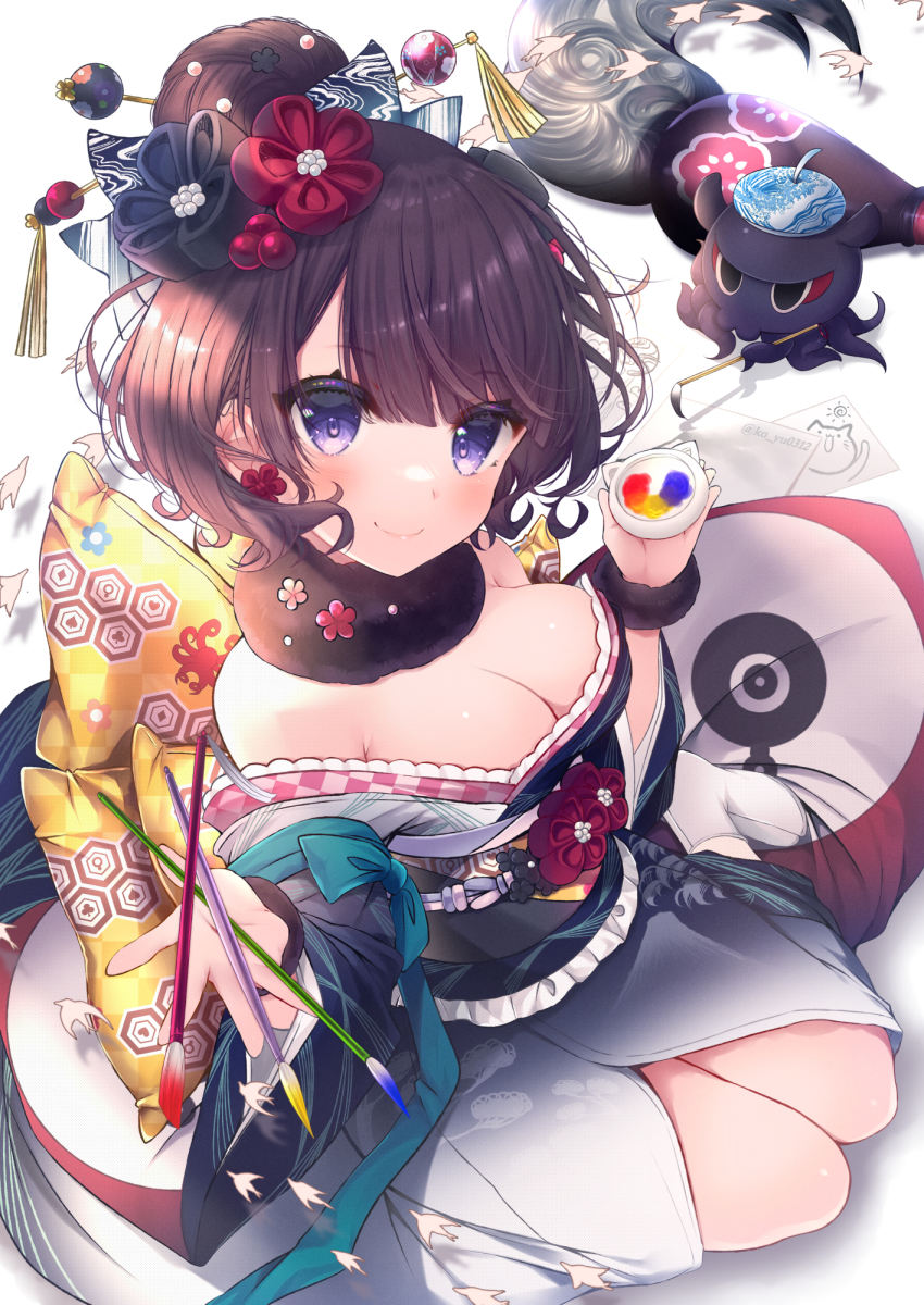 1girl bad_id bad_pixiv_id blue_eyes blush bow breasts calligraphy_brush cleavage commentary_request earrings fate/grand_order fate_(series) flower_earrings giant_brush hair_bun hair_ornament hair_ribbon hairpin highres holding holding_paintbrush ink japanese_clothes jewelry katsushika_hokusai_(fate) kimono ko_yu large_breasts looking_at_viewer octopus paintbrush print_kimono purple_hair ribbon simple_background single_hair_bun smile solo_focus tokitarou_(fate) white_kimono yellow_bow