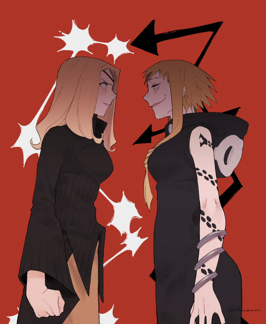2girls arm_tattoo arrow_(symbol) black_dress black_shirt black_skirt blonde_hair dress eyepatch front_ponytail highres hissiu hooded_dress long_hair looking_at_another marie_mjolnir medusa_gorgon multiple_girls red_background shirt simple_background skirt sleeveless sleeveless_dress smile snake_tattoo soul_eater tattoo v-shaped_eyebrows yellow_eyes