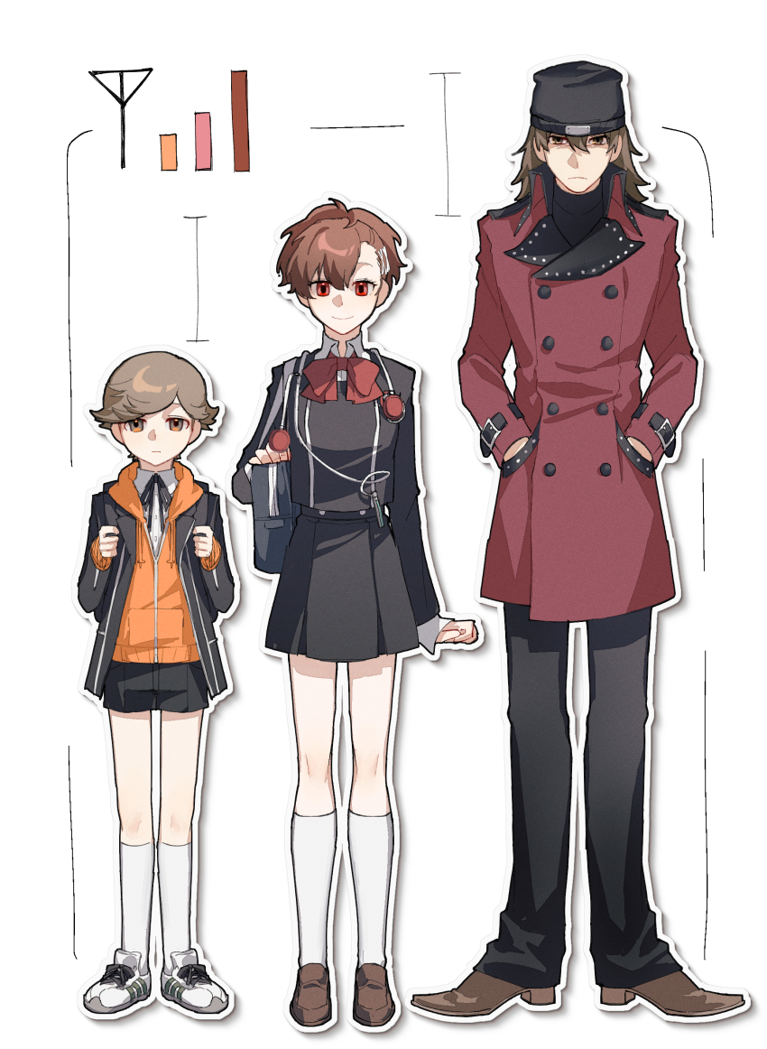 1girl 2boys absurdres amada_ken aragaki_shinjirou bag beanie black_hat black_jacket black_shorts black_skirt bow bowtie brown_hair brown_shoes closed_mouth coat collared_shirt corrupted_twitter_file eca_leaf gekkoukan_high_school_uniform hair_between_eyes hands_in_pockets hat highres hood hood_down jacket long_sleeves multiple_boys open_clothes open_jacket pants persona persona_3 persona_3_portable red_bow red_bowtie red_coat red_eyes school_bag school_uniform shiomi_kotone shirt shoes shorts simple_background skirt sneakers socks standing white_background white_shirt white_socks