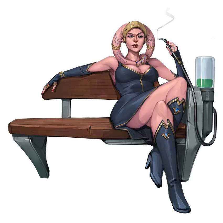 1girl alien black_boots black_dress black_gloves boots breasts cleavage colored_skin crossed_legs dress elbow_gloves fingerless_gloves gloves hookah jewelry knee_boots large_breasts looking_at_viewer on_bench pink_skin ring simple_background sitting solo star_wars twi&#039;lek white_background will_nunes