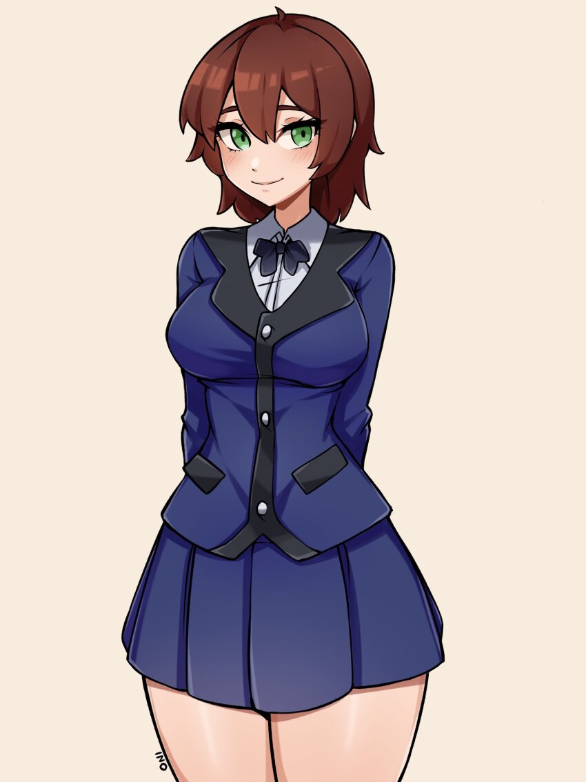 1girl ahoge arms_behind_back black_bow black_bowtie blue_jacket blue_skirt bow bowtie breasts brown_hair closed_mouth commentary commission cowboy_shot double-parted_bangs english_commentary green_eyes grey_background hair_between_eyes highres jacket large_breasts looking_at_viewer miniskirt oninuer original pleated_skirt short_hair simple_background skirt smile solo