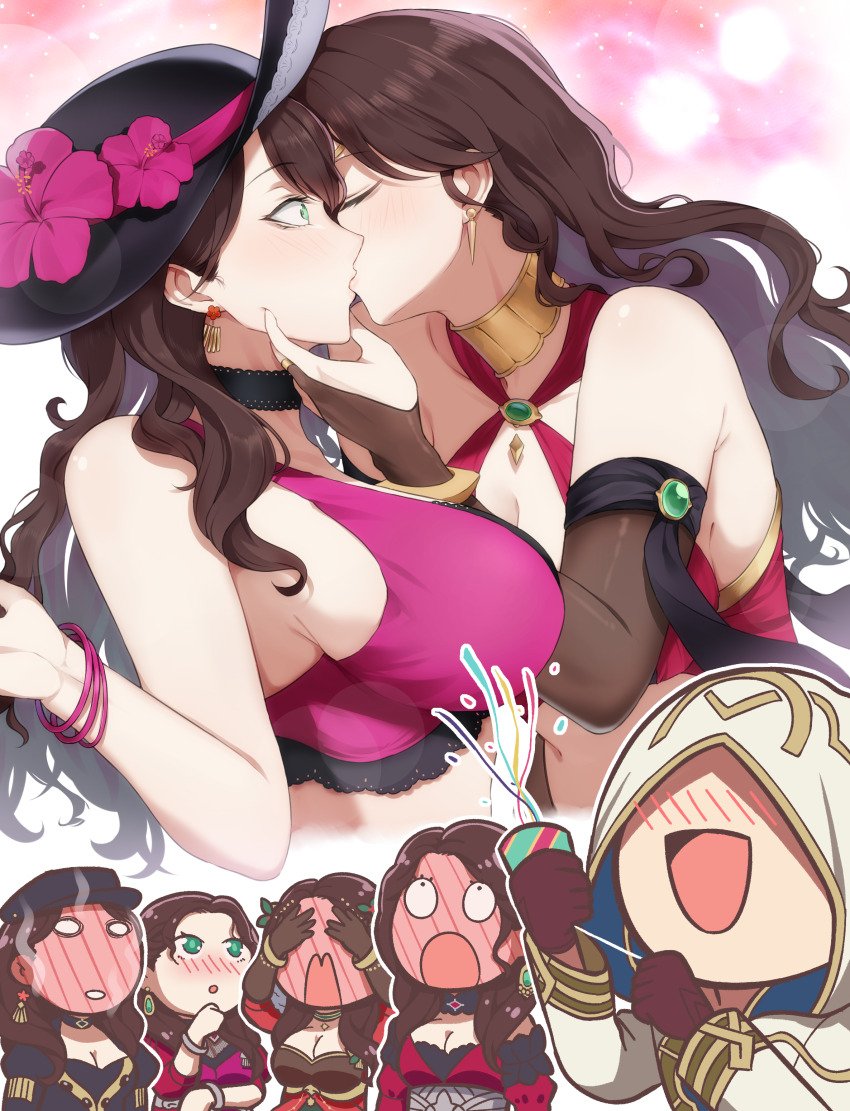 absurdres bad_source blush bracelet breasts brown_hair chibi commission covering_own_eyes dorothea_arnault dorothea_arnault_(plegian) dorothea_arnault_(summer) dorothea_arnault_(timeskip) dorothea_arnault_(winter) earrings fire_emblem fire_emblem:_three_houses fire_emblem_heroes green_eyes highres jewelry kiran_(fire_emblem) male_kiran_(fire_emblem) kiss large_breasts long_hair multiple_girls nintendo pixiv_commission randompeeps selfcest smile yuri