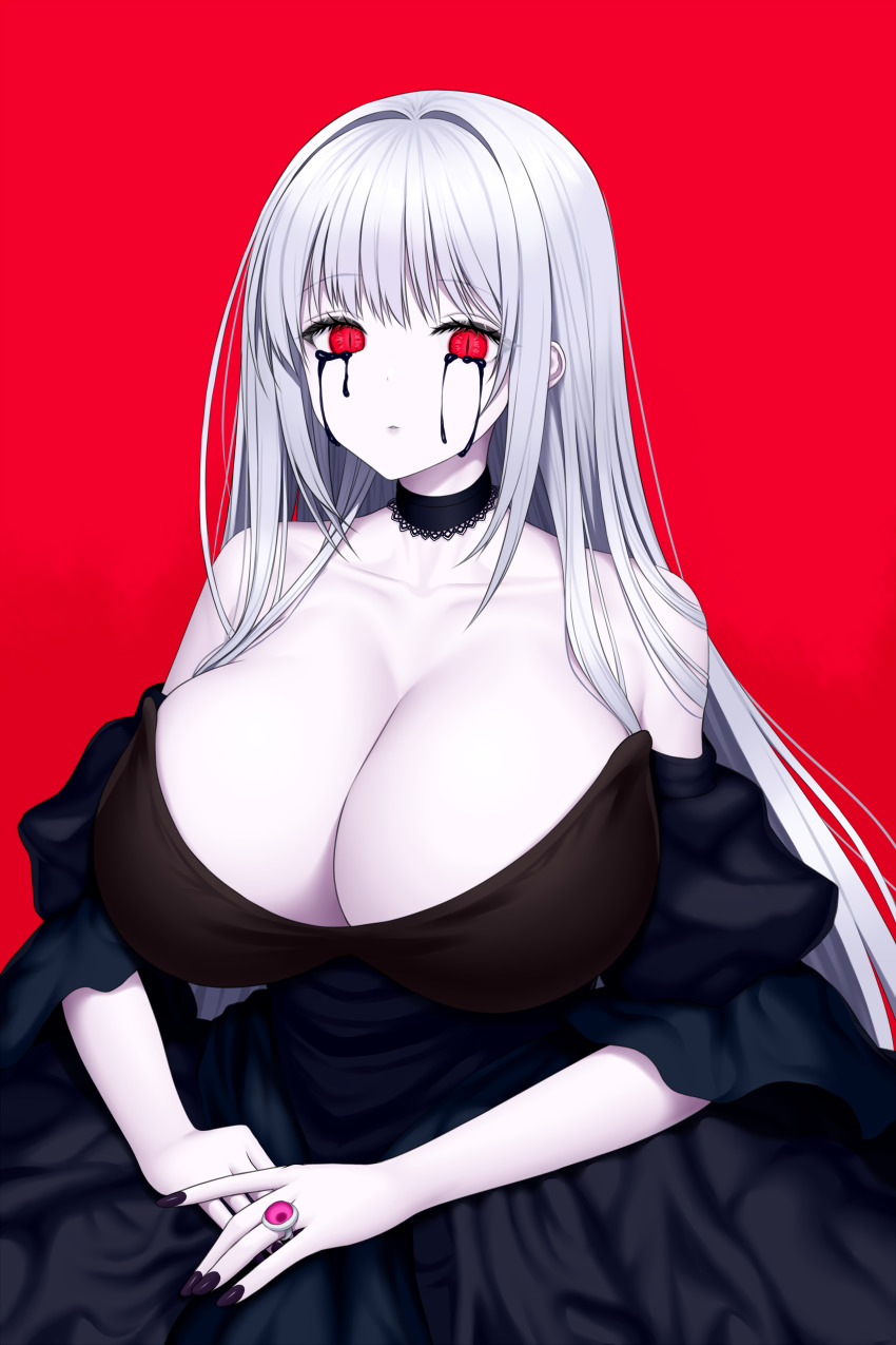 1girl absurdres asamura_hiori bare_shoulders black_choker black_liquid black_nails black_tears breasts choker closed_mouth collarbone grey_hair highres huge_breasts jewelry liquid_from_eyes long_hair looking_at_viewer nail_polish original ornate_ring pale_skin red_eyes ring slit_pupils solo tears