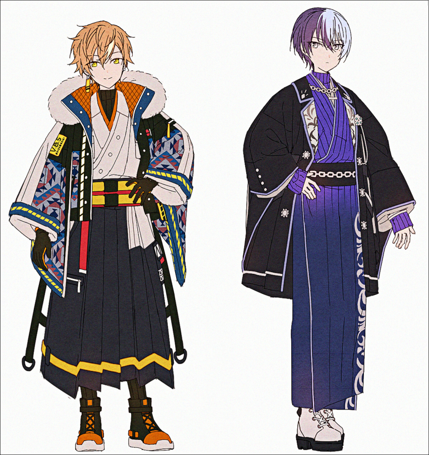 2boys adapted_costume aoyagi_touya black_boots black_gloves black_hakama black_jacket black_socks blue_hair boots closed_mouth earrings find_a_way_out_(project_sekai) gloves grey_background grey_eyes hair_between_eyes hakama hakama_skirt hakusai_(tiahszld) hand_on_own_hip highres jacket japanese_clothes jewelry kimono long_sleeves male_focus multicolored_hair multiple_boys obi open_clothes open_jacket orange_hair project_sekai purple_hair purple_kimono revision same_dreams_same_colors_(project_sekai) sash shinonome_akito shoes simple_background skirt sleeves_past_wrists smile socks standing streaked_hair two-tone_hair white_kimono white_shoes wide_sleeves yellow_eyes