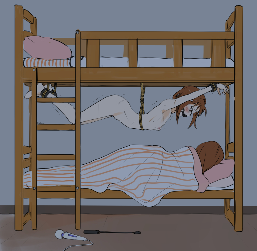 2girls absurdres artist_name ball_gag barefoot bed blush breasts brown_eyes brown_hair bunk_bed commentary commission completely_nude cuffs english_commentary eudetenis from_side gag gagged hair_ornament hairclip highres hitachi_magic_wand indoors ladder lying multiple_girls neglect_play nipples nude on_side original pillow restrained riding_crop rope second-party_source sex_toy short_hair siblings sisters sleeping small_breasts stationary_restraints suspension trembling under_covers vibrator whip_marks