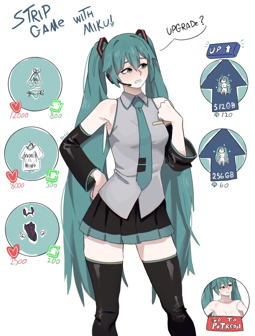 1girl absurdres annoyed aqua_hair aqua_necktie armpits bikini blush boots breasts cowboy_shot dashi_(dashiart) detached_sleeves english_text grey_shirt hatsune_miku highres like_and_retweet long_hair multiple_views navel necktie shirt simple_background sleeveless solo speech_bubble swimsuit thigh_boots twintails twitter_strip_game upper_body very_long_hair vocaloid white_background