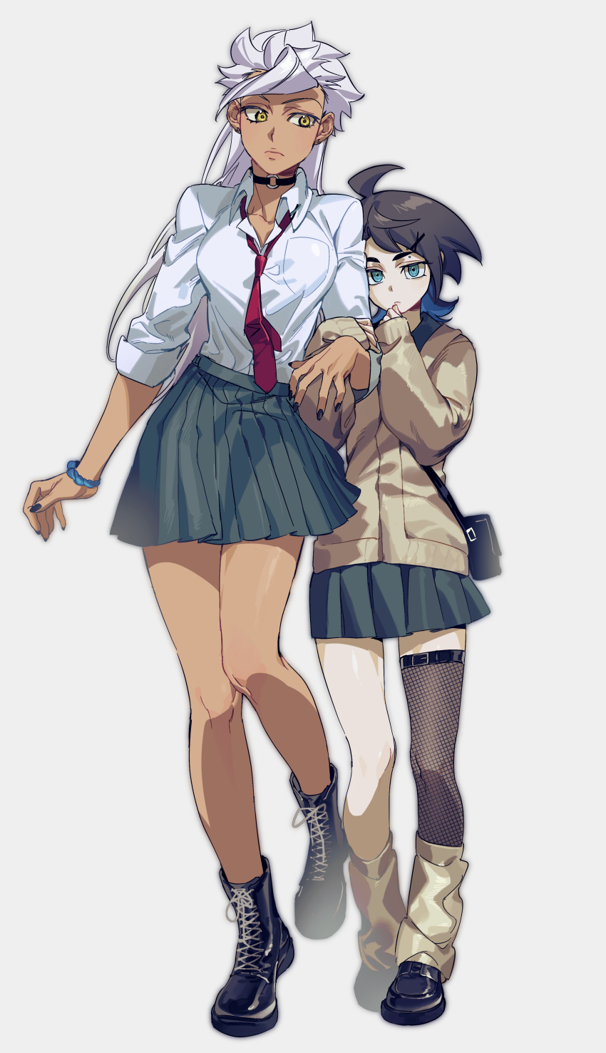 2girls absurdres ahoge ankle_boots arm_at_side arm_grab bag bare_legs black_footwear black_hair black_nails blue_eyes blue_hair boots braid breasts cardigan choker closed_mouth collarbone collared_shirt dark-skinned_female dark_skin dress_shirt eyebrow_piercing face_piercing finger_to_mouth fishnet_legwear fishnets flipped_hair full_body genderswap genderswap_(mtf) gundam gundam_tekketsu_no_orphans hair_ornament hairclip hand_on_another&#039;s_arm hands_up hiding hiding_behind_another highres holding_another&#039;s_arm lace-up_boots leg_warmers loafers long_sleeves looking_at_viewer looking_away mikazuki_augus miniskirt multicolored_hair multiple_girls nail_polish necktie o-ring o-ring_choker orga_itsuka pale_skin piercing pleated_skirt red_necktie school_uniform shirt shoes short_hair shoulder_bag sideways_glance simple_background single_thighhigh skirt sleeves_past_wrists sleeves_rolled_up standing streaked_hair sumooo_(ga_ilil) thighhighs walking white_hair white_shirt x_hair_ornament yellow_eyes yellow_legwear
