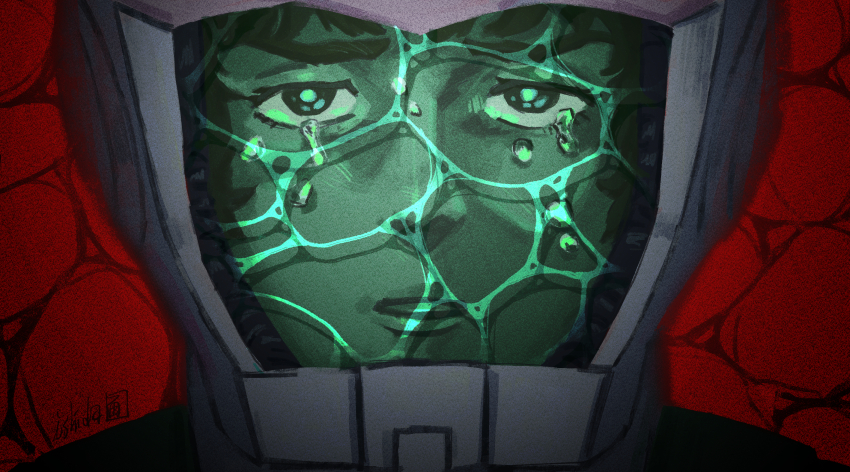 1boy amuro_ray commentary english_commentary eyelashes gundam helmet highres ishida_6610 looking_at_viewer male_focus mobile_suit_gundam parted_lips red_background sad short_hair signature solo tears