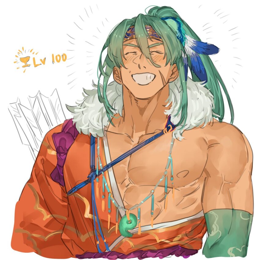1boy bare_pectorals bbbb_fex closed_eyes cropped_torso facial_scar facing_viewer fate/grand_order fate_(series) gameplay_mechanics green_hair grin hadanugi_dousa happy_aura holy_grail_(fate) japanese_clothes jewelry kimono large_pectorals long_hair magatama magatama_necklace male_focus muscular muscular_male necklace open_clothes open_kimono pectorals scar scar_on_cheek scar_on_face smile solo tawara_touta_(fate)