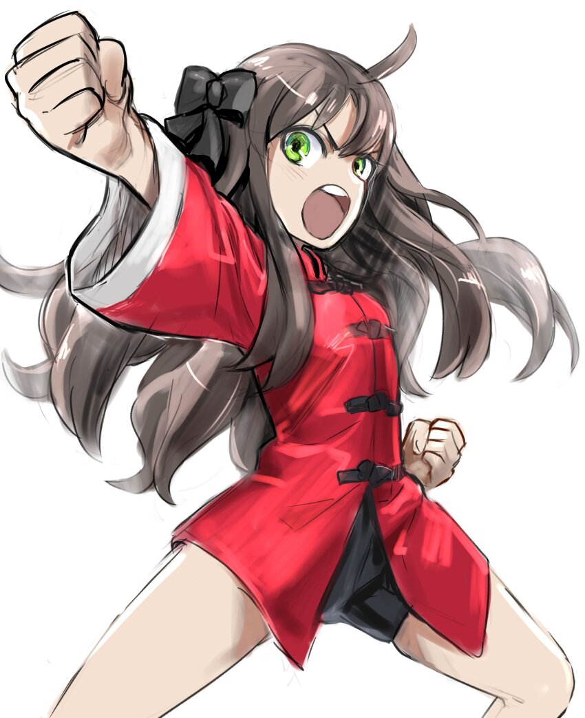1girl 774_(nanashi) absurdres ahoge arima_miyako bajiquan_(martial_arts) black_bow black_shorts bow brown_hair chinese_clothes clenched_hands commentary_request fighting_stance green_eyes hair_bow highres kung_fu long_hair melty_blood punching serious short_shorts shorts solo tsukihime