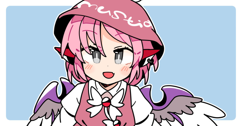 1girl ;d animal_ear_piercing animal_ears bird_ears bird_wings blue_background blush border bow bowtie brown_dress brown_hat collared_shirt commentary_request dress earrings fang grey_eyes hat ini_(inunabe00) jewelry looking_at_viewer mystia_lorelei one_eye_closed open_mouth outside_border pink_hair portrait shirt short_hair simple_background single_earring skin_fang smile solo touhou white_border white_bow white_bowtie white_shirt winged_hat wings
