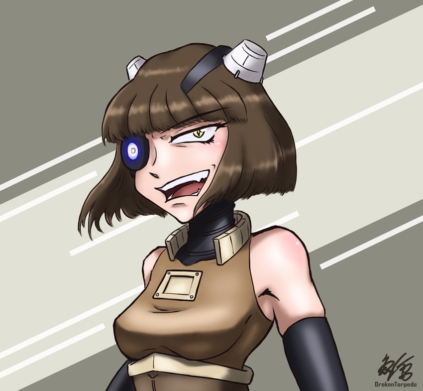 1girl broken_torpedo dalek doctor_who elbow_gloves eyepatch female_focus gloves looking_at_viewer personification short_hair simple_background solo teeth yellow_eyes