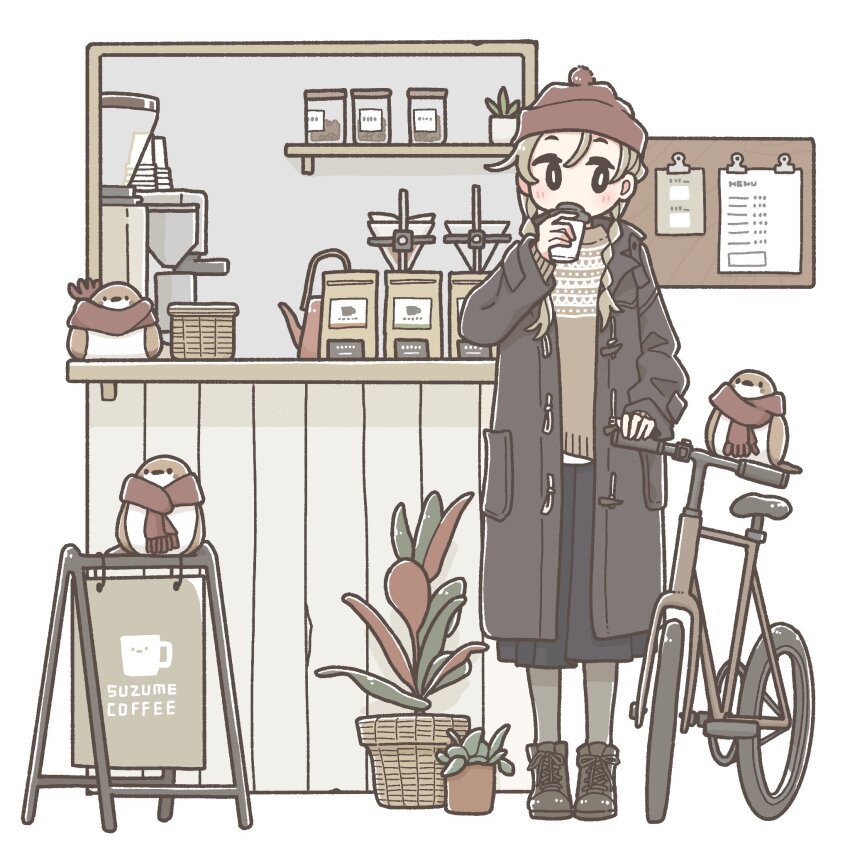 1girl bicycle bird black_boots boots braid brown_hair coat cup east_sha2 highres holding holding_cup long_hair long_sleeves looking_at_viewer original plant potted_plant solo twin_braids