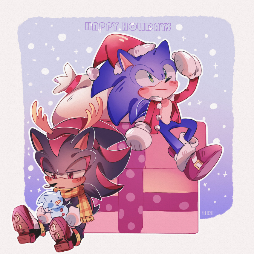 2boys animal_ears antlers bag box christmas commentary felichiii furry furry_male gift gift_box gloves hat hedgehog_boy highres horns male_focus multiple_boys official_alternate_costume reindeer_antlers santa_hat scarf shadow_the_hedgehog shoes short_tail sitting sonic_(series) sonic_the_hedgehog sonic_the_hedgehog_(holiday_cheer) tail white_gloves