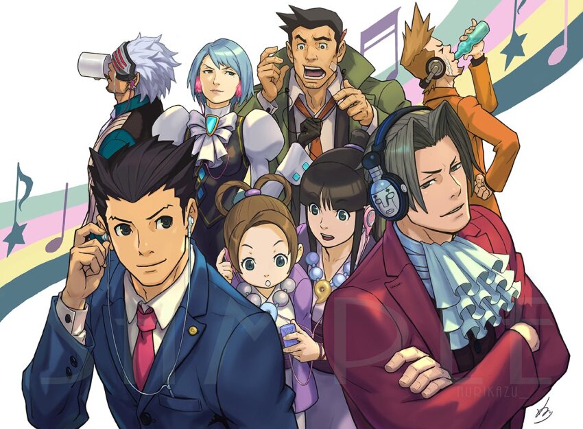 3girls 5boys ace_attorney ascot ball bandaid beads black_eyes black_hair blue_hair blunt_bangs brown_hair business_suit child coffee coffee_mug cousins crossed_arms crying cup detective dick_gumshoe digital_media_player earphones earrings facial_hair fingernails formal_clothes franziska_von_karma goatee godot_(ace_attorney) green_eyes grey_eyes grey_hair hair_intakes hair_rings hand_on_own_hip headphones holding holding_digital_media_player jacket japanese_clothes jewelry kimono larry_butz lawyer lipstick listening_to_music long_hair long_sleeves magatama makeup mask maya_fey miles_edgeworth mole mole_under_eye mug multiple_boys multiple_girls musical_note necklace necktie nuri_kazuya official_art pearl_fey phoenix_wright phoenix_wright:_ace_attorney phoenix_wright:_ace_attorney_-_justice_for_all phoenix_wright:_ace_attorney_-_trials_and_tribulations puffy_sleeves shared_earphones short_hair single_earphone_removed smile smug spiked_hair steel_samurai stubble suit swept_bangs teeth thick_eyebrows topknot vest walkman white_hair