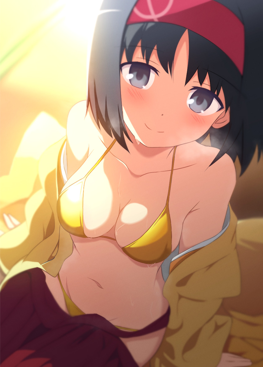 1girl absurdres bikini black_hair blush bra breasts commentary_request creatures_(company) curakuru erika_(pokemon) game_freak gold_bikini hairband hakama highres holding japanese_clothes kimono looking_at_viewer nintendo panties pokemon pokemon_frlg red_hairband short_hair sitting smile solo sweat swimsuit underwear yellow_kimono