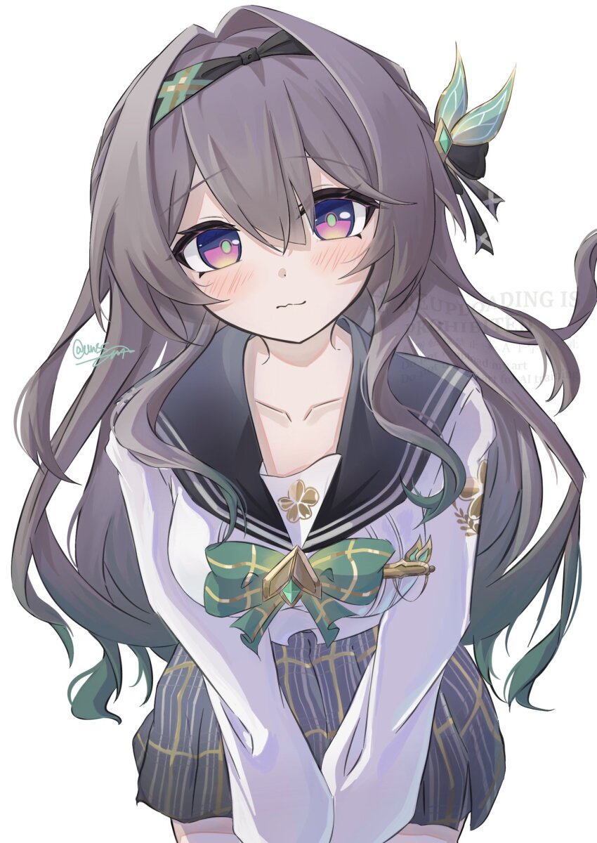 1girl ame_pokke black_hairband black_ribbon black_sailor_collar blush bow bowtie closed_mouth collarbone collared_shirt firefly_(honkai:_star_rail) firefly_(spring_missive)_(honkai:_star_rail) green_bow green_bowtie green_pupils grey_hair grey_skirt hair_between_eyes hair_intakes hair_ornament hair_ribbon hairband highres honkai:_star_rail honkai_(series) long_sleeves multicolored_eyes own_hands_together pleated_skirt ribbon sailor_collar shirt simple_background skirt smile solo twitter_username two-tone_eyes white_background white_shirt white_sleeves