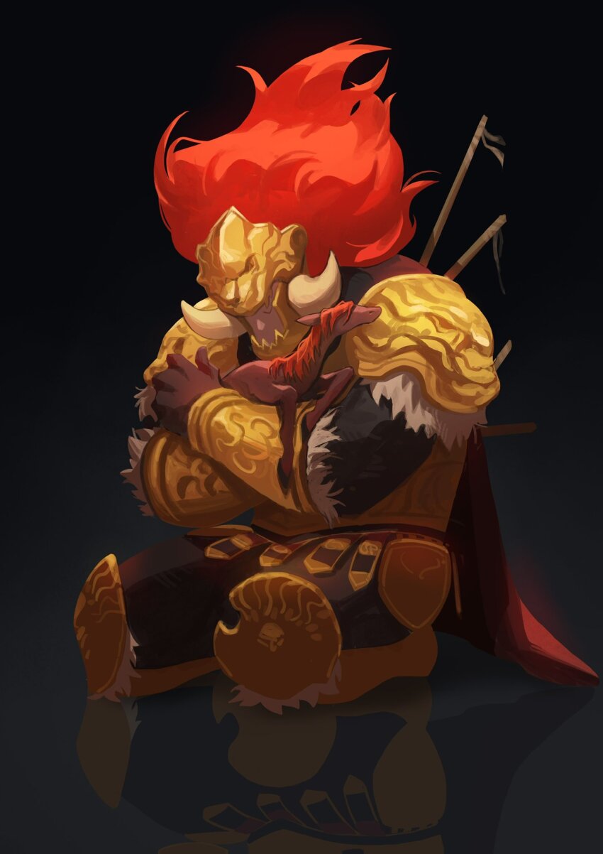 1boy arm_guards armor black_background braid cape elden_ring helmet highres horsearmor hug leonard_(elden_ring) long_hair male_focus red_hair shoulder_armor simple_background starscourge_radahn tworain_w very_long_hair