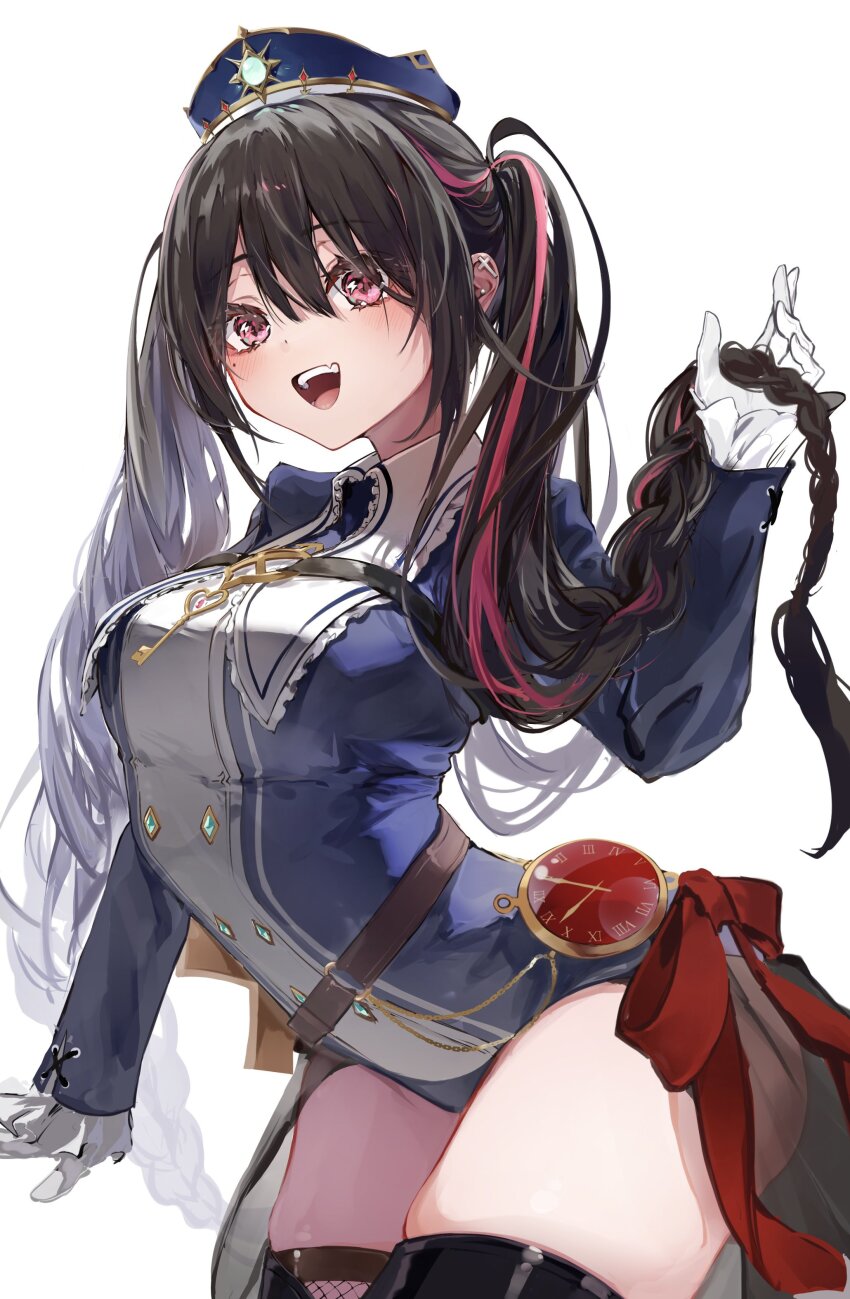 1girl :d absurdres anshinin_misa arm_at_side arm_up belt black_hair black_thighhighs blue_leotard bow braid brown_belt collared_leotard cowboy_shot cross ear_piercing fang fishnet_thighhighs fishnets frilled_sleeves frills gloves hair_lift hamitsu_sandayo head_ornament highres key leotard long_sleeves mole mole_under_eye multicolored_hair multicolored_leotard open_mouth piercing pink_hair pocket_watch red_bow simple_background skin_fang smile solo streaked_hair teeth thighhighs thighs tongue twin_braids two-tone_hair two-tone_leotard vee_(vtuber) watch white_background white_gloves
