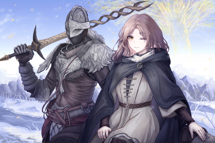 1girl 1other absurdres armor black_cloak bloody_wolf_(elden_ring) brown_hair chainmail cloak closed_mouth commentary elden_ring erdtree_(elden_ring) helmet highres holding holding_sword holding_weapon medium_hair melina_(elden_ring) one_eye_closed outdoors scar sitting smile snowing sword tarnished_(elden_ring) weapon winter yorshka_(pixiv_78772270)