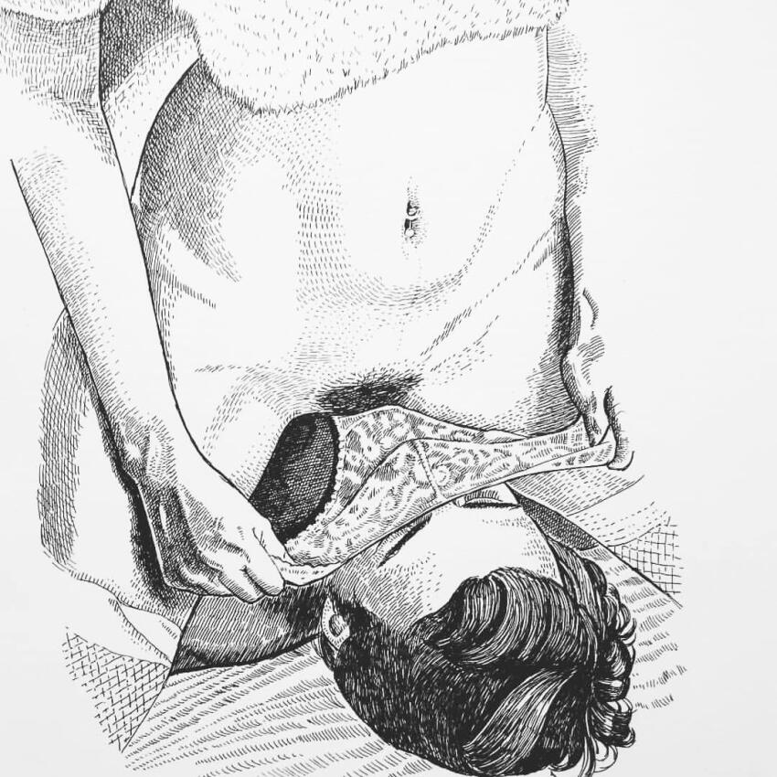 1boy 1girl chernyart commentary crosshatching english_commentary female_pubic_hair fishnet_thighhighs fishnets greyscale hatching_(texture) hetero monochrome navel original panties panty_pull pubic_hair pulling_own_clothes sitting sitting_on_face sitting_on_person thighhighs underwear