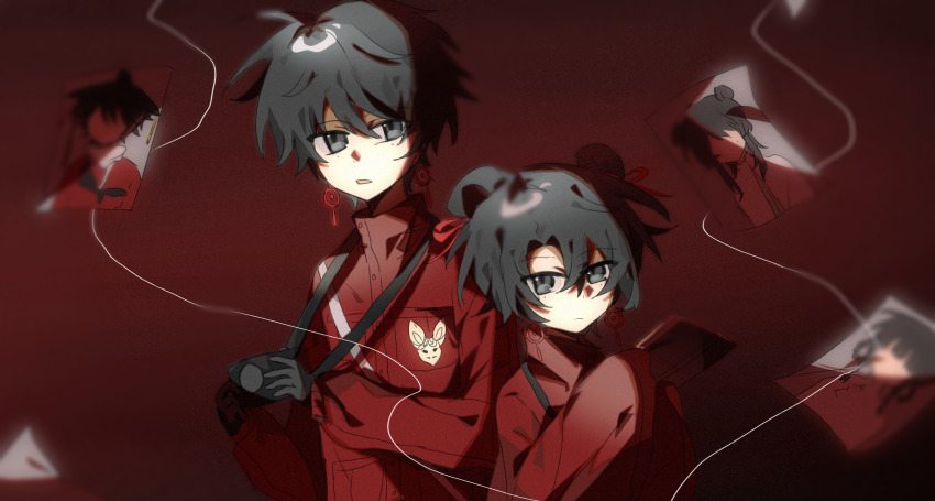 1boy 1girl black_eyes black_gloves black_hair camera camera_around_neck cen_boyao character_request chinese_commentary closed_mouth commentary_request dual_persona earrings gloves hair_between_eyes hair_bun hair_ribbon hair_rings high_collar highres holding holding_camera huayangshan_jishi jacket jewelry li_yuting_(female) li_yuting_(male) liang_yanmei long_sleeves mole mole_under_each_eye mole_under_eye multiple_moles photo_(object) red_background red_jacket red_ribbon ribbon riri_dongsheng short_hair single_hair_bun single_hair_ring sleeves_past_fingers sleeves_past_wrists touqi_guaitan