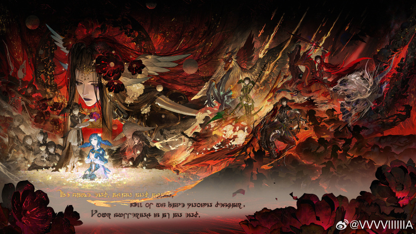 6+girls bird_girl bird_tail bird_wings black_hair blue_capelet blue_hair capelet chinese_commentary circlet clone commentary_request dress eboda-x elpis_flower final_fantasy final_fantasy_xiv flower hair_flower hair_ornament head_wings highres lava long_hair meteion meteor_shower monster monster_girl multiple_girls multiple_persona multiple_wings palms_together planet praying red_flower seiza short_hair simple_butterfly sitting source_quote tail the_endsinger too_many_clones watermark weibo_watermark white_dress wings yellow_eyes