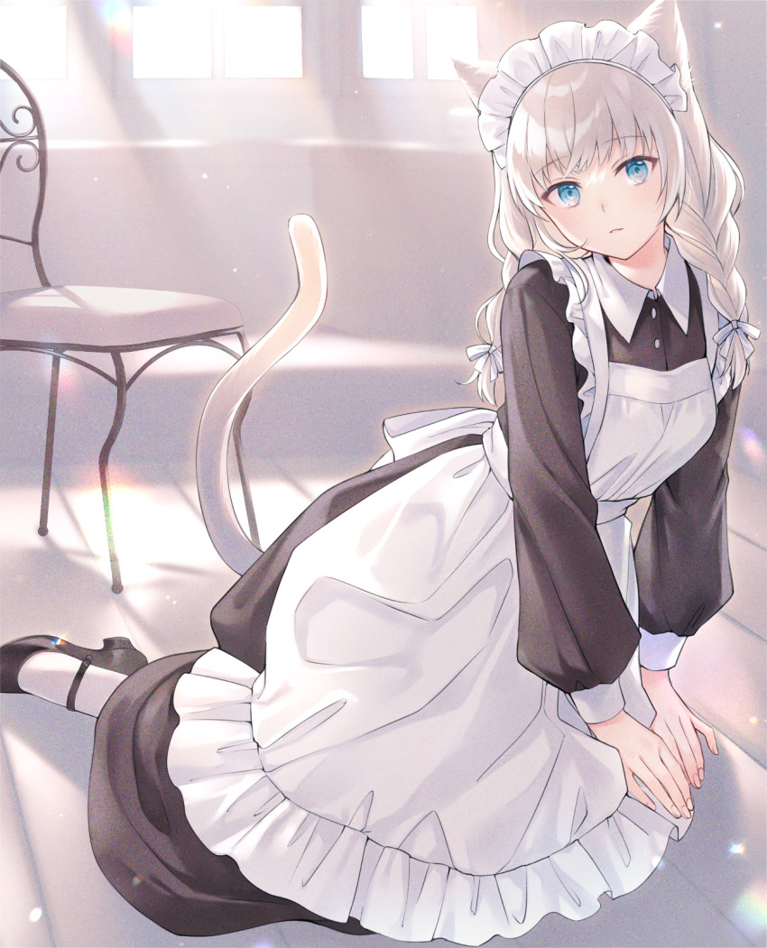 1girl all_fours animal_ears apron black_dress black_shoes blue_eyes bow braid cat_ears cat_tail chair dress e_(eokiba) frilled_apron frills hair_bow highres maid maid_headdress mary_janes original parted_lips shadow shoes solo tail twin_braids white_apron white_bow white_hair window