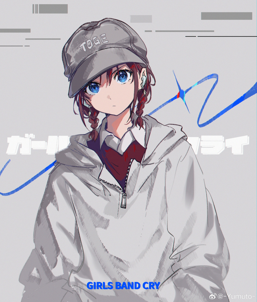 1girl absurdres airpods baseball_cap braid chinese_commentary closed_mouth commentary_request copyright_name earrings girls_band_cry grey_background grey_hat grey_hoodie hat highres hood hood_down hoodie iseri_nina jewelry looking_at_viewer photo-referenced red_hair red_shirt rina_(voice_actor) shirt short_hair solo twin_braids upper_body voice_actor_connection watermark weibo_watermark white_shirt wireless_earphones yumuto_(spring1786)
