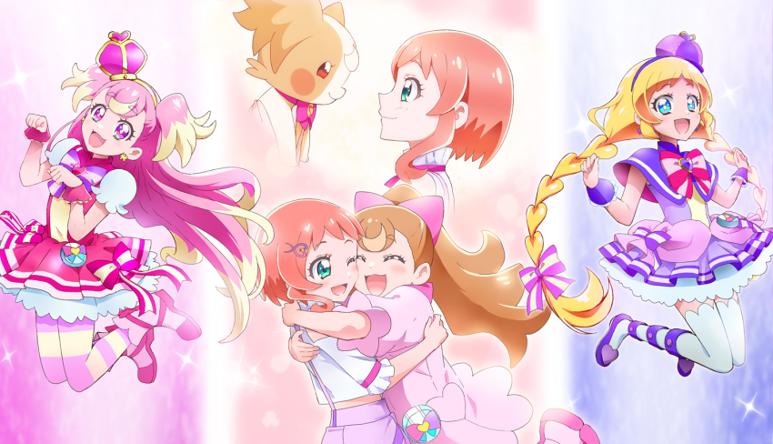 2girls :3 :d ;d ^_^ aqua_eyes arched_crown blonde_hair blue_eyes blush blush_stickers boots bow bow_earrings braid bright_pupils brooch brown_fur brown_hair capelet chest_bow closed_eyes closed_mouth clothing_cutout colorful_background commentary cropped_shirt crown cure_friendy cure_wonderful deerstalker dog dress dress_bow dual_persona earrings frilled_wrist_cuffs frills full_body gold_hairband hair_bow hair_ornament hairband hairclip hands_up hat hat_ornament heart heart_brooch heart_hat_ornament hooded_dress hug inukai_iroha inukai_komugi inukai_komugi_(dog) jewelry kakiuchi_itsuki legs_up long_hair looking_at_another looking_at_viewer low_twin_braids magical_girl midair midriff multicolored_hair multicolored_pantyhose multiple_girls multiple_views neck_ribbon one_eye_closed open_mouth orange_hair pact_holder pantyhose papillon_(dog) paw_pose pet petticoat pink_background pink_boots pink_bow pink_crown pink_dress pink_hair pink_pantyhose pink_ribbon pink_wrist_cuffs pouch precure puffy_short_sleeves puffy_sleeves purple_background purple_bow purple_dress purple_eyes purple_hat purple_shoes purple_shorts purple_wrist_cuffs red_eyes ribbon shirt shoes short_hair_with_long_locks short_sleeves shorts shoulder_cutout sleeveless sleeveless_dress smile sparkle sparkle_background striped_bow striped_clothes striped_pantyhose suspender_shorts suspenders thighhighs three-toned_background tilted_headwear twin_braids two-tone_hair two-tone_pantyhose two_side_up very_long_hair white_petticoat white_shirt white_thighhighs wonderful_pact wonderful_precure! wrist_cuffs yellow_pantyhose yellow_pupils zettai_ryouiki