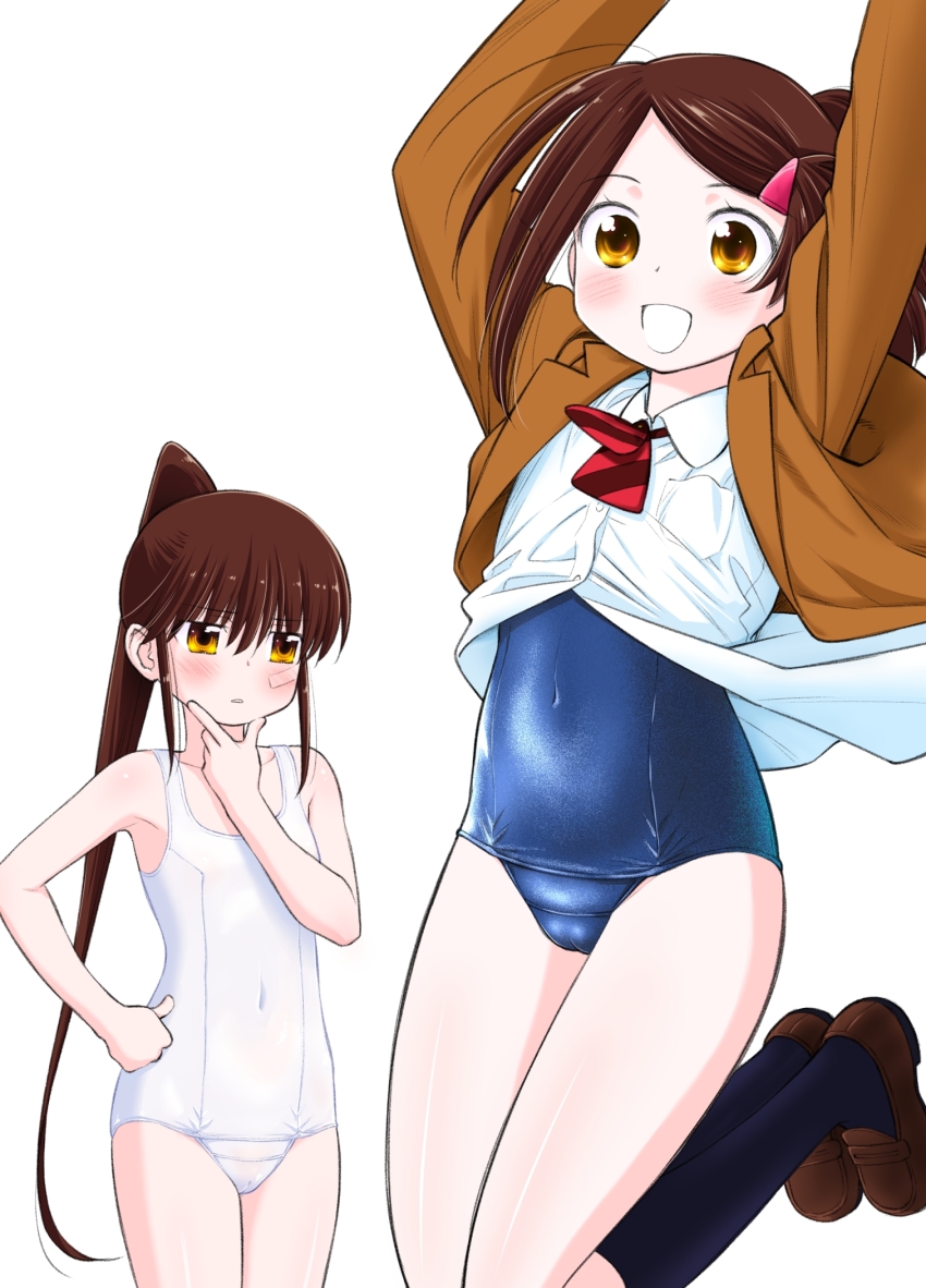 2girls brown_hair cameltoe ditama_bow highres kissxsis multiple_girls official_art one-piece_swimsuit ponytail school_swimsuit siblings sisters suminoe_ako suminoe_riko swimsuit twins white_background white_one-piece_swimsuit white_school_swimsuit yellow_eyes