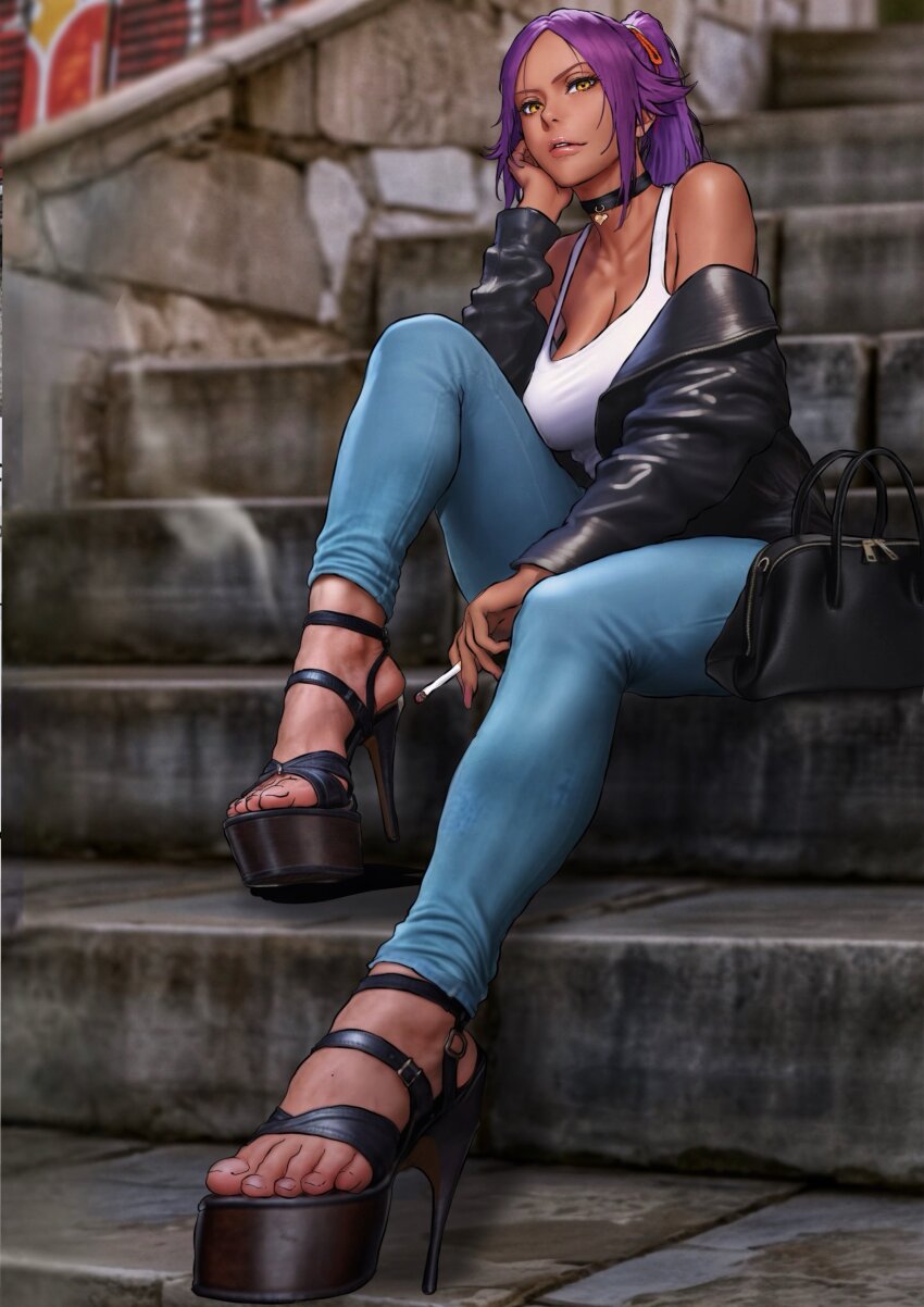1girl absurdres b_0_rukia bag bare_shoulders black_jacket bleach breasts choker cigarette collarbone dark-skinned_female dark_skin denim female_focus hair_ornament hand_on_own_cheek hand_on_own_face handbag high_heels highres jacket jeans large_breasts lips long_hair pants parted_bangs ponytail purple_hair shihouin_yoruichi sitting sitting_on_stairs stairs tank_top yellow_eyes