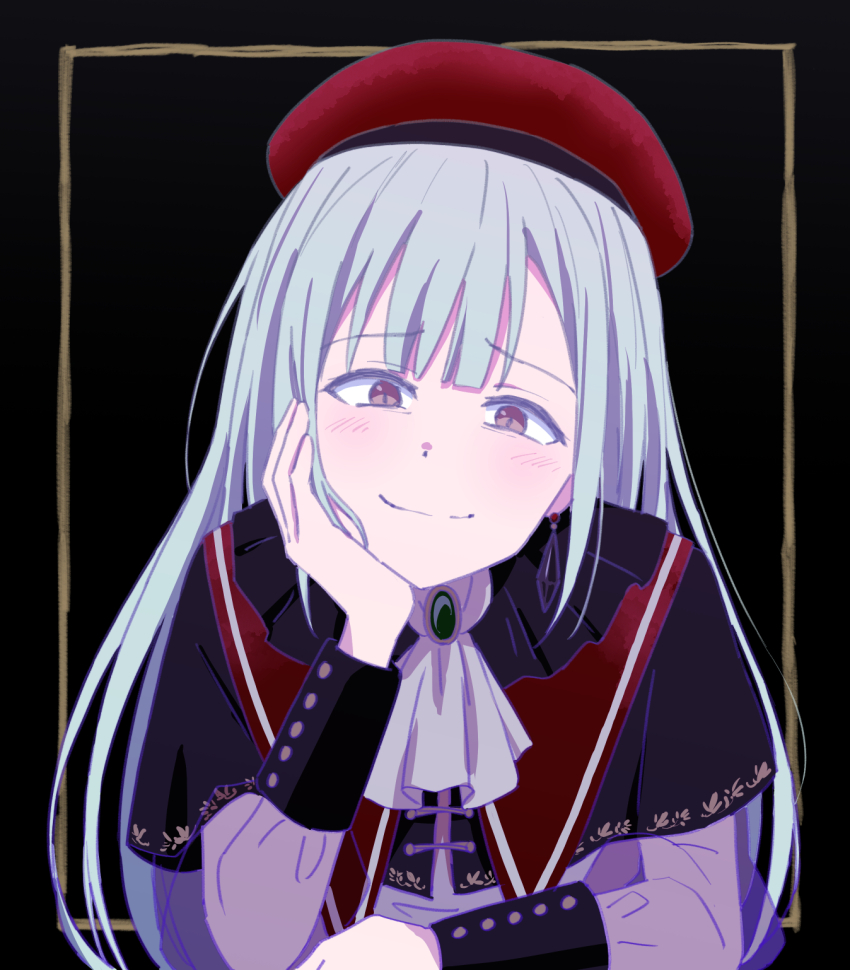 1girl ascot bang_dream! bang_dream!_it&#039;s_mygo!!!!! black_background black_capelet blush brown_eyes capelet closed_mouth commentary green_brooch green_hair hat head_rest highres long_hair looking_at_viewer mortis_(bang_dream!) mortis_(costume)_(bang_dream!) mortis_(persona)_(bang_dream!) nogreen red_hat see-through_clothes see-through_sleeves solo upper_body wakaba_mutsumi white_ascot