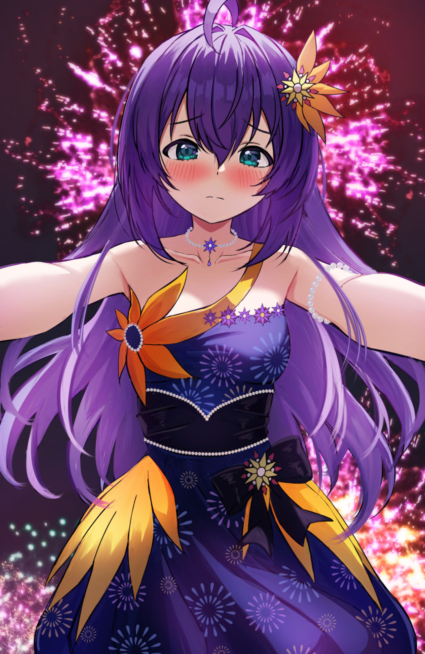 1girl absurdres aerial_fireworks ahoge aqua_eyes armpits blush breasts closed_mouth collarbone cowboy_shot dot_nose double-parted_bangs dress fireworks floris_(saber13) flower hair_flower hair_ornament highres idolmaster idolmaster_million_live! idolmaster_million_live!_theater_days incoming_hug long_hair looking_at_viewer mochizuki_anna night night_sky official_alternate_costume outdoors outstretched_arms pov purple_dress purple_hair sky sleeveless sleeveless_dress small_breasts solo straight-on straight_hair very_long_hair