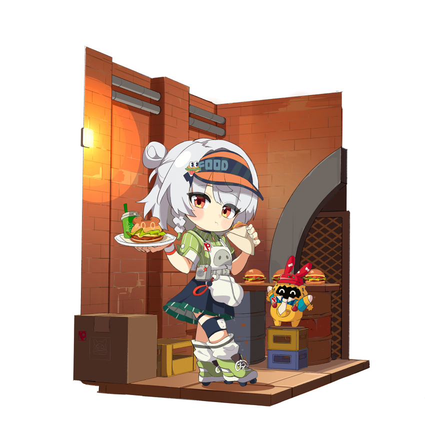 1girl :t ame. anby_demara anby_demara_(operation_yum_2025) apron blue_skirt blush_stickers box braid brick_wall burger cardboard_box chibi closed_mouth collared_shirt commentary_request cup disposable_cup drinking_straw eating food full_body green_shirt green_shoes grey_hair hair_bun highres holding holding_food holding_plate looking_at_viewer loose_socks pinstripe_pattern pinstripe_shirt plate pleated_skirt red_eyes roller_skates shirt shoes single_braid single_side_bun skates skirt socks solo visor_cap white_apron white_socks zenless_zone_zero