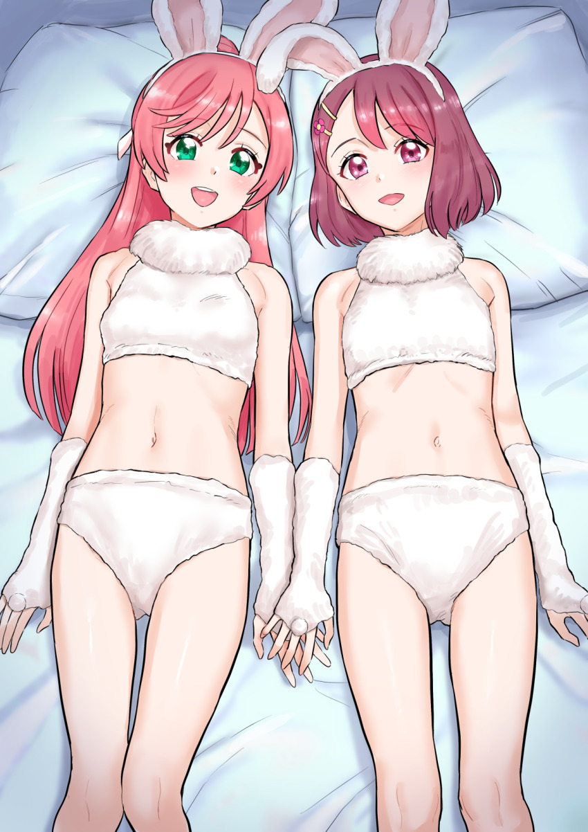 2girls alternate_costume animal_ears bed bikini bob_cut brown_hair commentary fake_animal_ears fingerless_gloves from_above fur_bikini fur_collar fur_gloves gloves green_eyes hair_ornament hairclip hanadera_nodoka healin&#039;_good_precure highres hirogaru_sky!_precure holding_hands in-franchise_crossover kakuma_ai kinchan_and_katori_shingo_no_zen_nihon_kasou_taishou kuppipi_ramutarou leotard long_hair looking_at_viewer lying multiple_girls navel nijigaoka_mashiro on_back on_bed opening_door pillow pink_eyes pink_hair playboy_bunny precure rabbit_ears short_hair side-by-side smile swimsuit voice_actor_connection white_bikini white_gloves