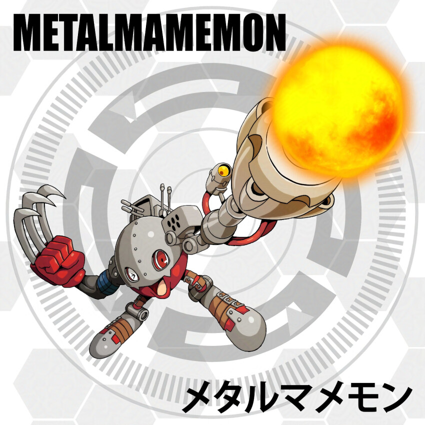 claws cyborg d_sandy digimon digimon_(creature) highres metalmamemon one_eye_closed red_eyes solo wink