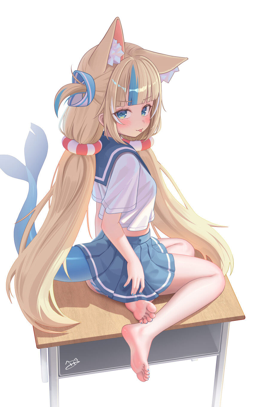 1girl absurdres alternate_costume animal_ear_fluff animal_ears barefoot blonde_hair blue_eyes blue_hair blue_skirt cat_ears closed_mouth commentary desk english_commentary feet fins fish_girl fish_tail fpvjoe highres indie_virtual_youtuber long_hair looking_at_viewer multicolored_hair on_desk one_side_up sameko_saba shirt sitting skirt smile soles solo streaked_hair tail toes tongue tongue_out very_long_hair virtual_youtuber white_background white_shirt