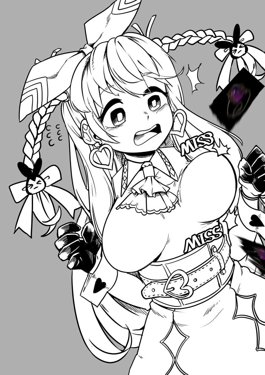 1girl absurdres belt black_survival bouncing_breasts braid breasts earrings emma_hardy eternal_return:_black_survival fey_(whitepaper) gloves greyscale hair_ribbon highres impossible_clothes impossible_shirt jewelry large_breasts long_hair monochrome open_mouth ribbon shirt solo surprised twin_braids unaligned_breasts upper_body