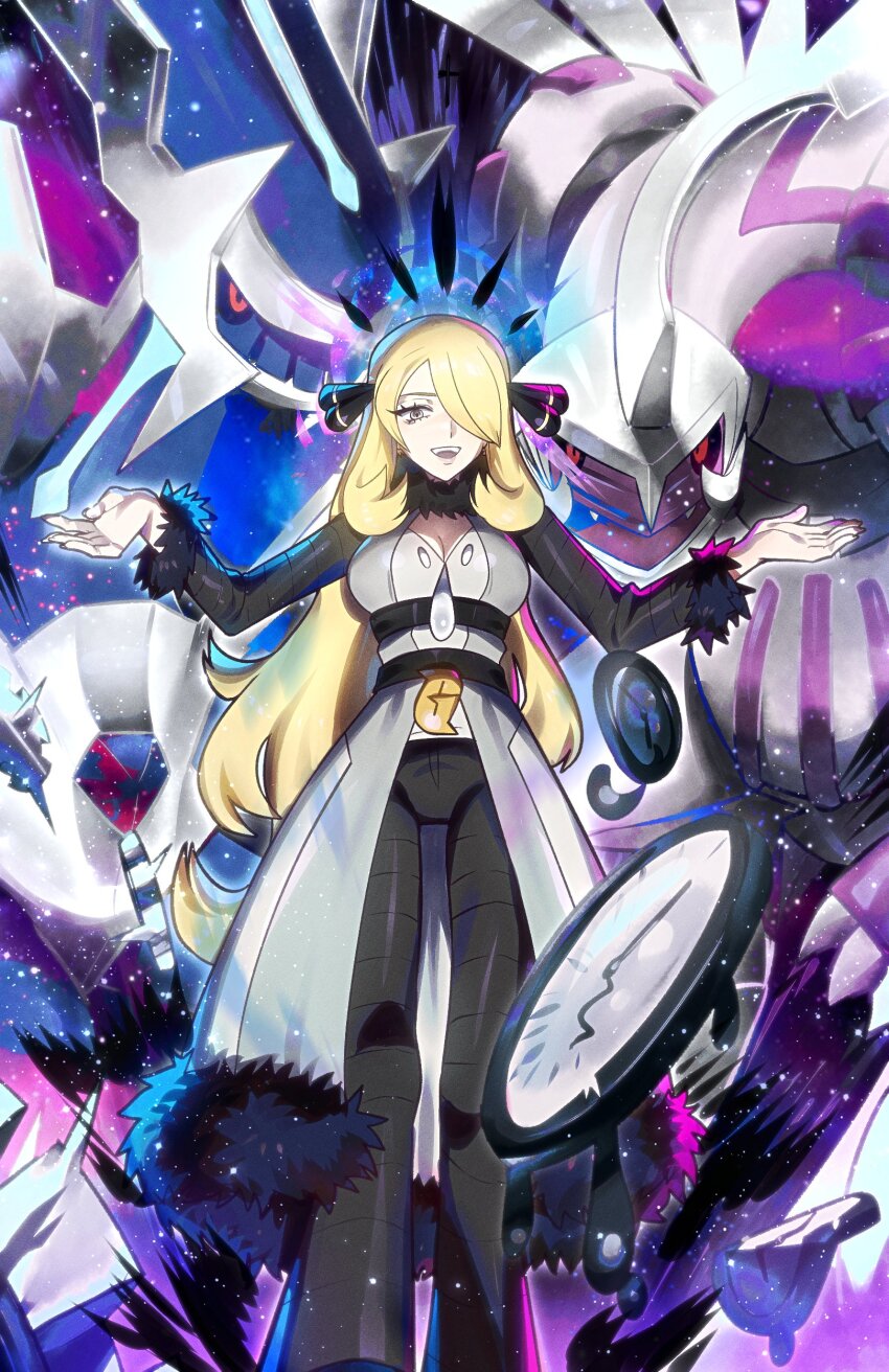 1girl absurdres alternate_breast_size alternate_costume alternate_universe bad_end black_pants black_sleeves blending blonde_hair breasts cleavage clock coat cynthia_(pokemon) dark_persona dialga distortion feet_out_of_frame full_body fur-trimmed_coat fur-trimmed_sleeves fur_collar fur_trim gen_4_pokemon grey_coat grey_eyes hair_ornament hair_over_one_eye halo halo_behind_head hands_up highres large_breasts legendary_pokemon long_hair long_sleeves nintendo open_mouth palkia pants pokemon pokemon_(creature) pokemon_dppt ryairyai single_letter smile solo_focus space standing star_(sky) team_galactic teeth upper_teeth_only