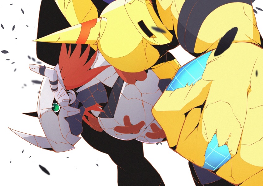 1boy armor battle_damage broken_horn clenched_hand colored_skin digimon digimon_(creature) dragon green_eyes helmet highres horns male_focus mitosupa_(qsiqydfz7nesh9w) orange_skin red_hair short_hair simple_background solo upper_body wargreymon white_background wireframe yellow_armor
