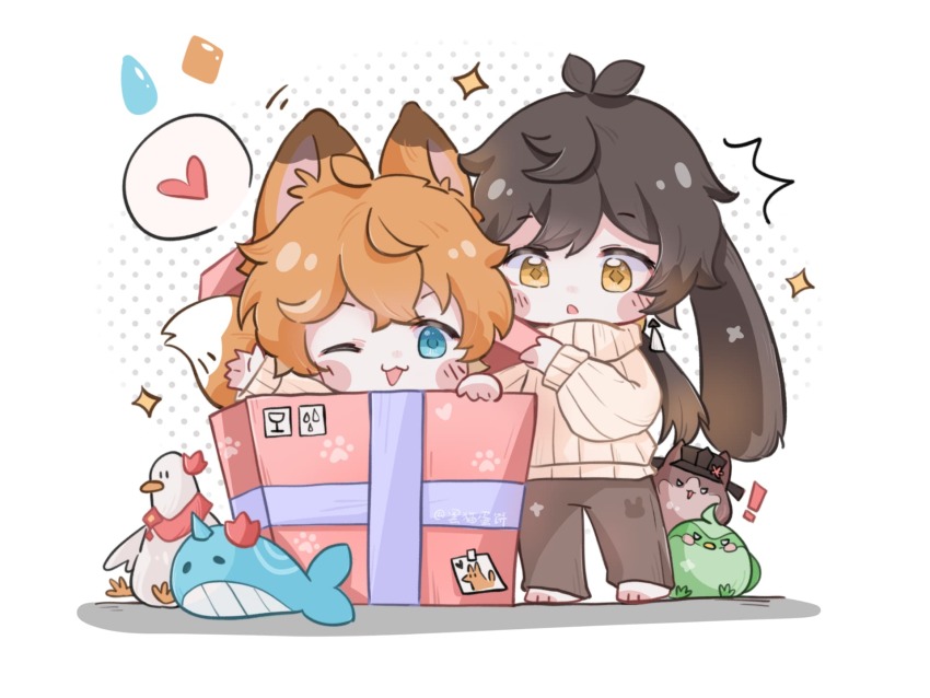 2boys alternate_costume animal_ears bird box dimples duck fox_ears genshin_impact gift gift_box heart highres multiple_boys narwhal rabbit_ears smile sparkle speech_bubble sweater tartaglia_(genshin_impact) turtleneck turtleneck_sweater u9ed1u7fbd waving white_background zhongli_(genshin_impact)