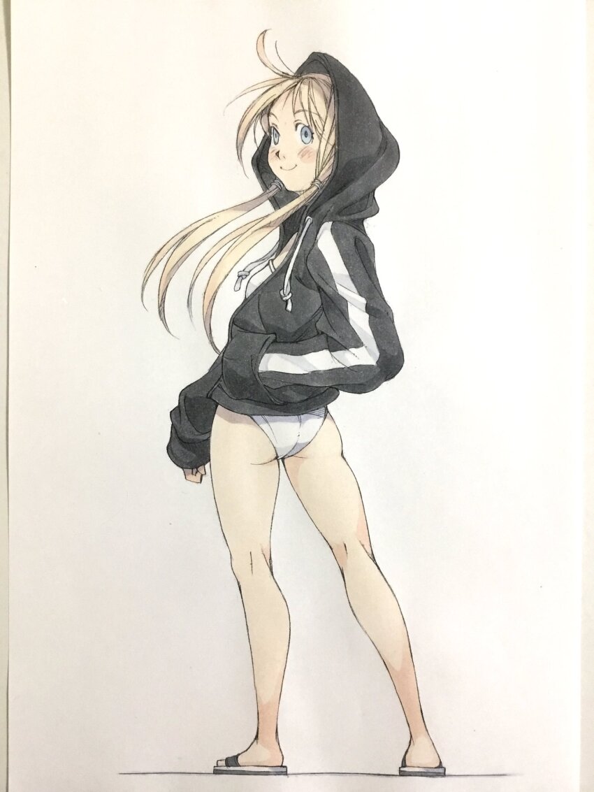 1girl ass bare_legs black_hoodie blonde_hair blue_eyes closed_mouth commentary drawstring full_body hand_in_pocket highres hood hood_up hoodie long_hair long_sleeves one-piece_swimsuit original peter_salt sandals sleeves_past_wrists smile solo standing swimsuit traditional_media white_background white_one-piece_swimsuit