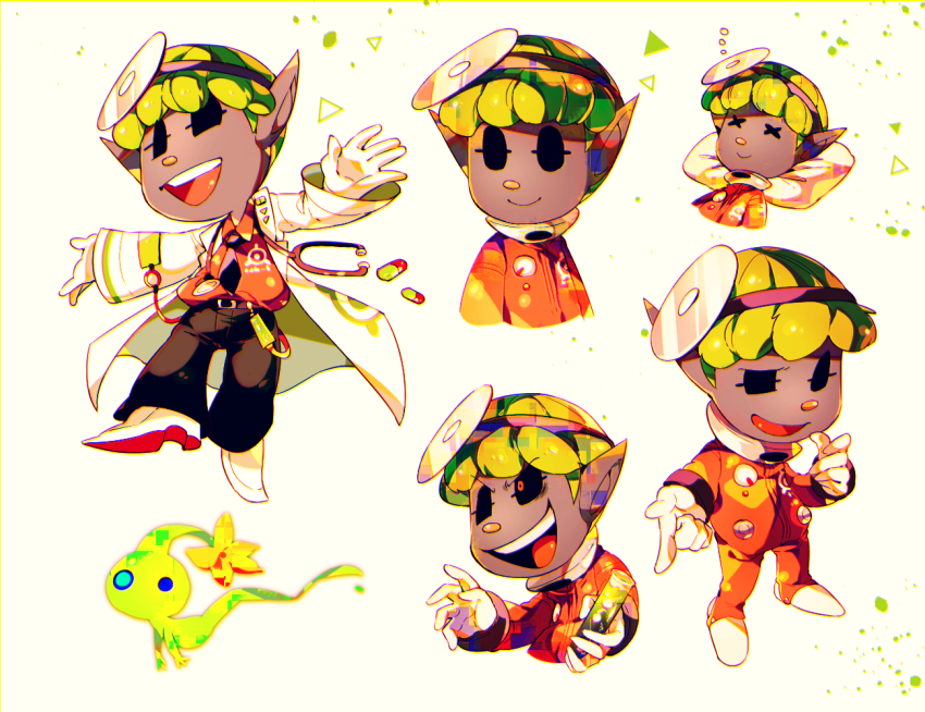+_+ 1boy alternate_costume asymmetrical_eyes belt belt_buckle black_belt black_eyes black_headband black_necktie black_pants blue_eyes boots buckle buttons closed_mouth collared_shirt colored_skin dark-skinned_male dark_skin dress_pants flower gauge ghost_tail gloves glow_pikmin green_hair green_skin head_mirror headband high_heel_boots high_heels holding_beaker jumpsuit lab_coat lapels laughing lying male_focus multiple_views necktie nintendo no_headwear notched_lapels on_back open_mouth outstretched_arms pants petals pikmin_(creature) pikmin_(series) pill pillow pointy_ears red_eyes red_jumpsuit red_shirt shirt shirushiki shoes short_hair smile solid_eyes spacesuit squeans standing stethoscope teeth triangle upper_teeth_only white_footwear white_gloves x_x yellow_flower yonny_(pikmin)