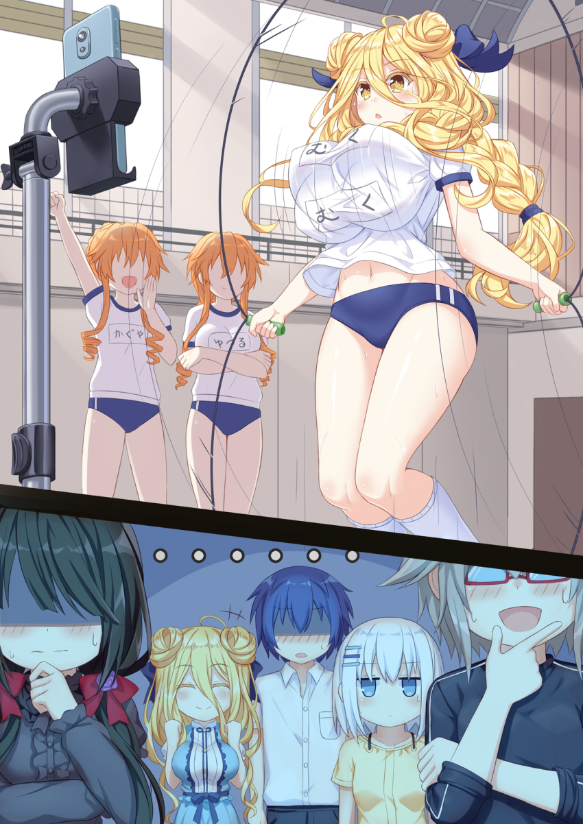 ... 1boy 6+girls bare_legs black_hair blonde_hair blue_ribbon bouncing_breasts braid braided_ponytail breasts buruma date_a_live double_bun glasses grey_hair hair_between_eyes hair_bun hair_ornament hair_ribbon hairclip highres honjou_nia hoshimiya_mukuro itsuka_shido large_breasts long_hair multiple_girls open_mouth red_ribbon ribbon shaded_face short_hair short_hair_with_long_locks siblings tobiichi_origami tokisaki_kurumi tsubasaki twins yamai_kaguya yamai_yuzuru