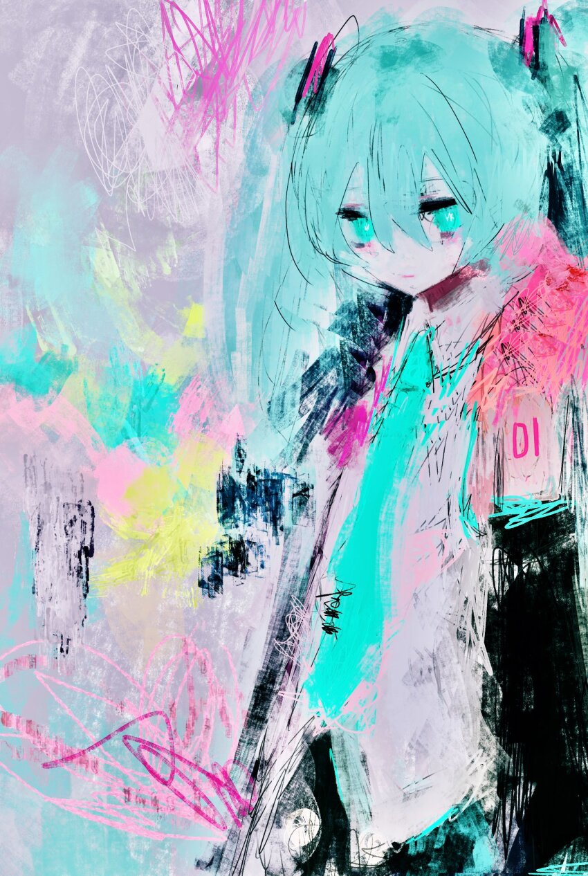 1girl abstract_background black_sleeves blue_eyes blue_hair blue_necktie closed_mouth detached_sleeves fuyumurasaki hatsune_miku highres light_smile long_hair necktie number_tattoo painterly smile solo tattoo vocaloid