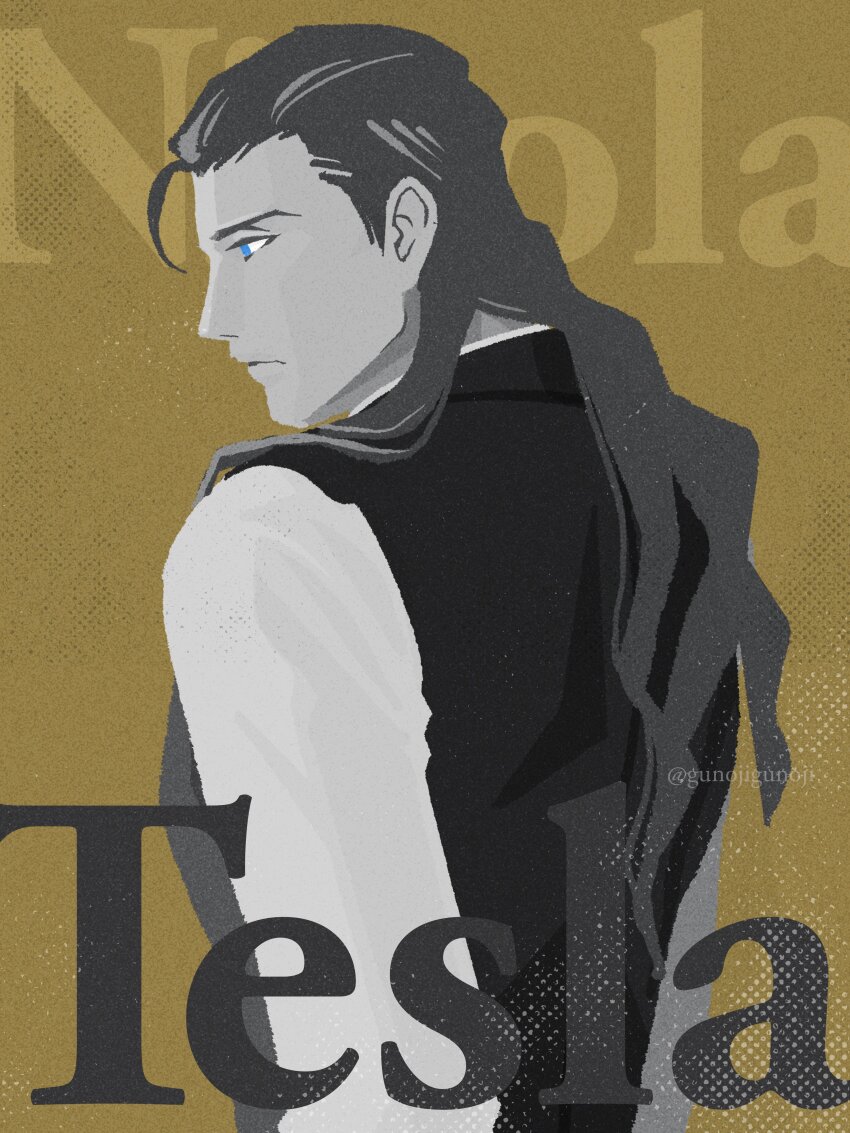 1boy absurdres black_hair blue_eyes character_name fate/grand_order fate_(series) gunojigunoji hair_slicked_back highres long_hair long_sleeves nikola_tesla_(fate) profile shirt simple_background solo upper_body vest waistcoat white_shirt yellow_background