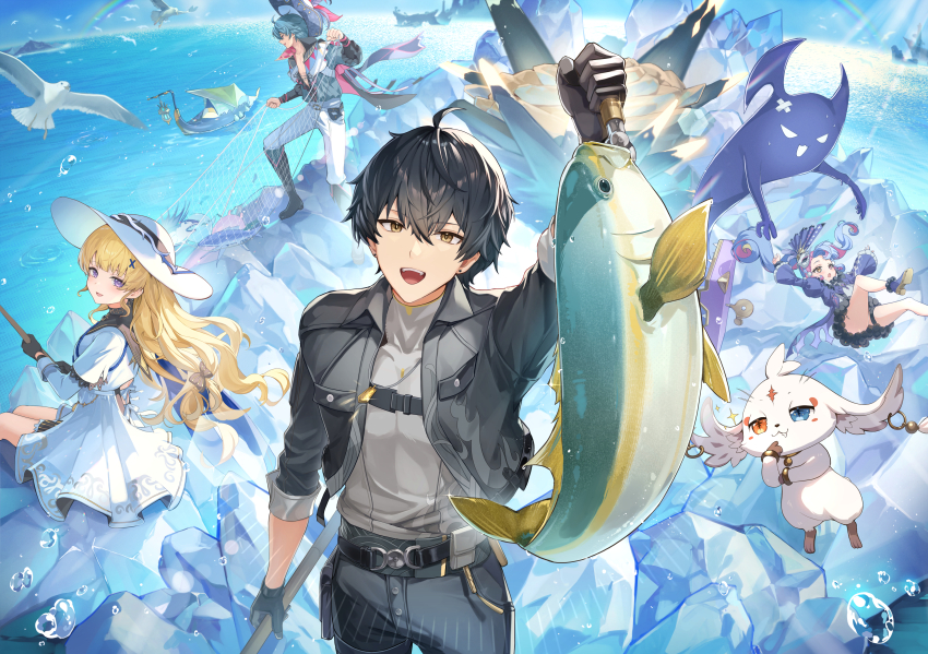 2boys 2girls abby_(wuthering_waves) absurdres animal black_gloves black_hair black_jacket black_pants blonde_hair blue_hair blue_shirt brant_(wuthering_waves) commentary_request eye_mask fish gloves grey_shirt hair_ornament hat high-waist_skirt highres holding holding_animal holding_fish jacket long_hair long_sleeves looking_at_viewer male_rover_(wuthering_waves) mask mask_on_head multiple_boys multiple_girls open_clothes open_mouth open_shirt outdoors pants parted_lips pero_(wuthering_waves) phoebe_(wuthering_waves) pi_tayuko purple_eyes purple_jacket rainbow revision roccia_(wuthering_waves) rover_(wuthering_waves) shirt sitting skirt sleeves_rolled_up slipping smile teeth toned toned_male upper_teeth_only very_long_hair water white_hat white_pants white_shirt white_skirt wuthering_waves x_hair_ornament yellow_eyes