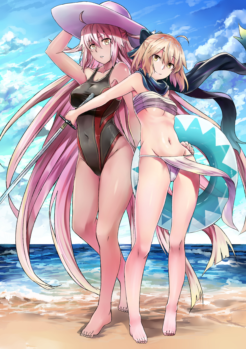 2girls absurdres ahoge bare_arms bare_legs bare_shoulders barefoot beach bikini black_one-piece_swimsuit blonde_hair blue_sky cloud fate/grand_order fate_(series) feet groin hair_between_eyes hat highres huge_filesize innertube jeffrey10 lifebuoy long_hair looking_at_viewer multiple_girls ocean okita_souji_(fate) okita_souji_(koha-ace) okita_souji_alter_(fate) one-piece_swimsuit scarf short_hair sky smile standing stomach swim_ring swimsuit white_bikini